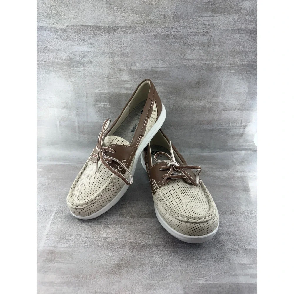 Clarks Cloudsteppers Women Boat Shoes Cream Brown Loafers 261260304060 Size 8.5M